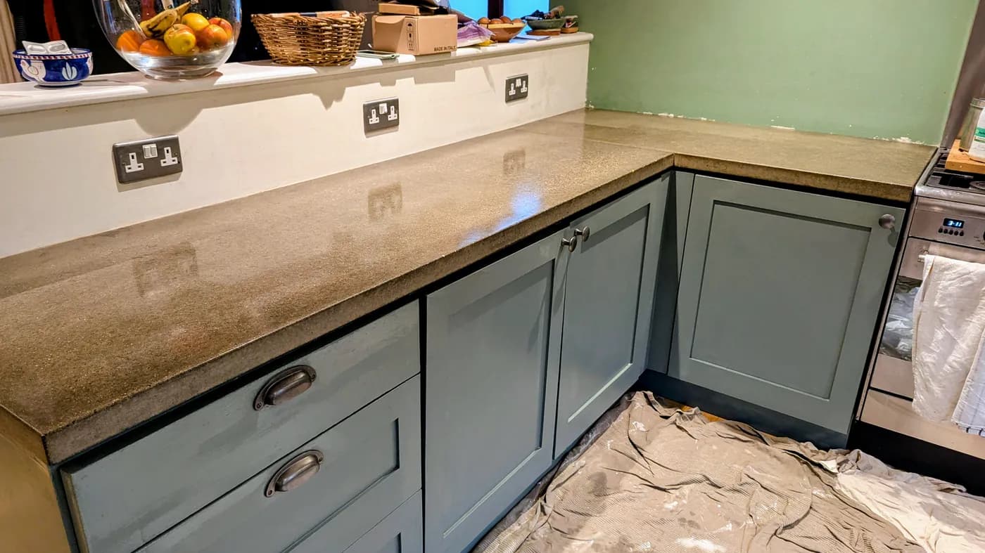 Polished concrete kitchen worktop cleaned and sealed by Fresher Pressure
